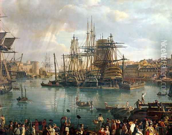 The Port of Brest with a view of shipping 1794 Oil Painting - Jean-Francois Hue