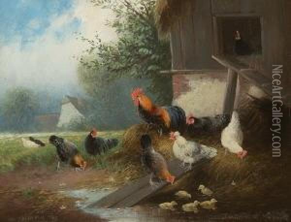 Huhnerhof. Oil Painting - Otto Scheuerer