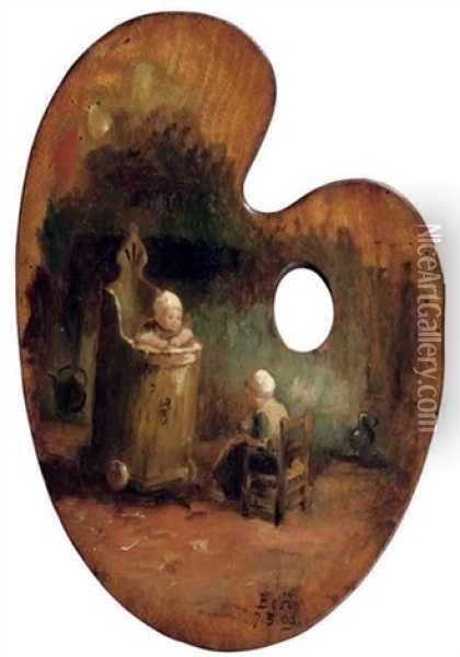 Children In An Interior - A Palette Oil Painting - Bernard de Hoog