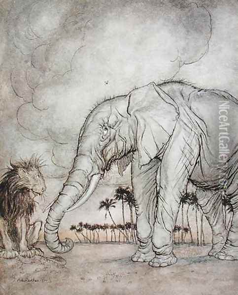 The Lion, Jupiter and the Elephant, illustration from Aesops Fables, published by Heinemann, 1912 Oil Painting - Arthur Rackham
