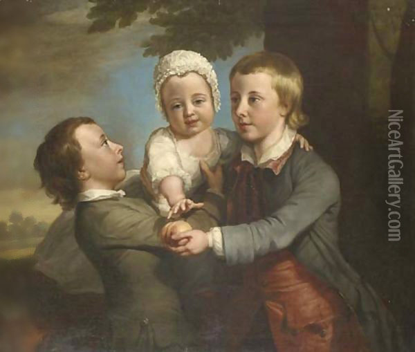 Group Portrait Of Three Children, Three-Quarter-Length, In A Wooded Landscape, The Eldest Holding A Peach Oil Painting - George Knapton