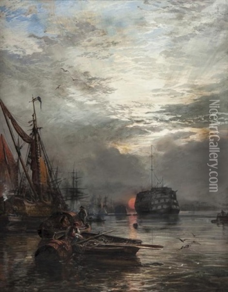The Dreadnought From Greenwich Stairs - Sun Sinking Into Vapour Oil Painting - Samuel Bough