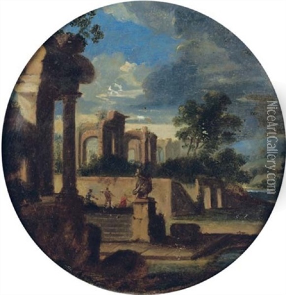 A Capriccio Of Classical Ruins In A Stormy Landscape Oil Painting - Jean (Lemaire-Poussin) Lemaire