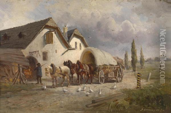 Horse And Carriage In Frontof The Smithy Oil Painting - Ignaz Ellminger