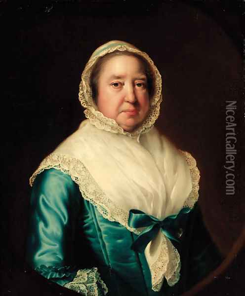 Portrait of Mrs. Fowler, half-length, in a blue dress, with a white shawl and bonnet, feigned oval Oil Painting - Josepf Wright Of Derby