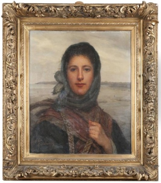 Portrait De Jeune Pecheuse, Granville Au Loin Oil Painting - Eugenie Alexandrine Marie Salanson