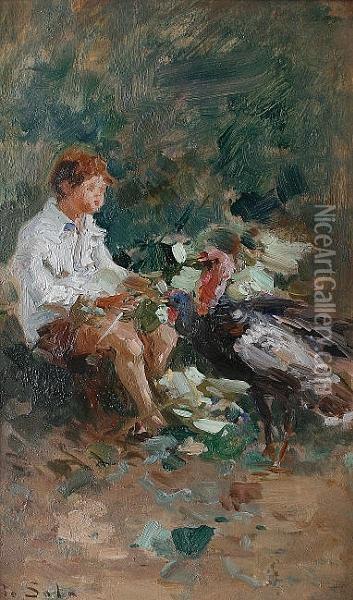 A Young Boy With Two Turkeys
 Signed 'paolo Sala' ,
 Oil On Board Oil Painting - Paolo Sala