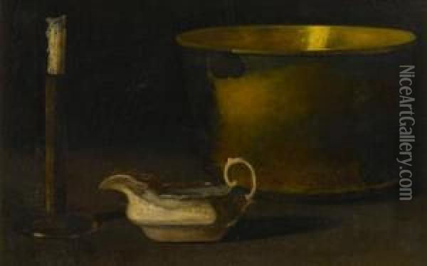 Still Life With Candlestick, Brass, Sewing Kettle And Sauce Boat Oil Painting - John Frederick Peto