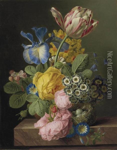 A Vase Of Flowers With A Bird's Nest On A Marble Ledge Oil Painting - Jan Frans Van Dael