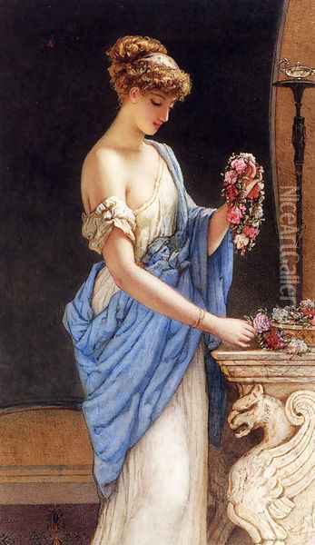 A Girl In Classical Dress Arranging A Garland Of Flowers Oil Painting - Auguste Jules Bouvier, N.W.S.