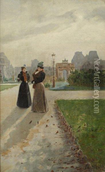 Elegante Au Jardin Des Tuileries Oil Painting - Basile Lemeunier