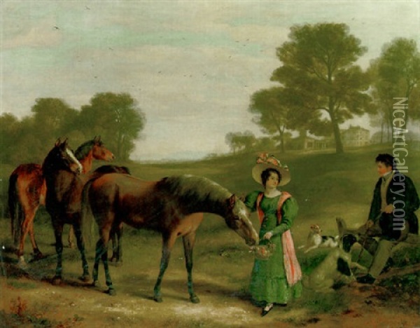 Charles Mundy And His Daughter, Miss Sophy Mundy, With Favorite Horses, In The Grounds Of Burton Hall, Leicestershire Oil Painting - Ramsay Richard Reinagle