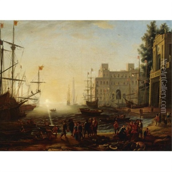 Bustling Port With The Villa Medici Oil Painting - Claude Lorrain