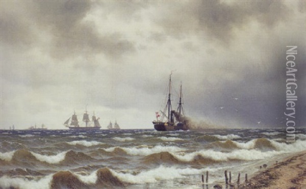 Marine Med Dampskib Taet Pa Kysten Og Sejlskibe I Horisonten Oil Painting - Carl Emil Baagoe