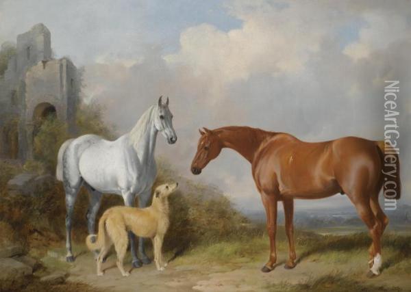 A Grey And A Chestnut Hunter With A Deerhound Oil Painting - William Barraud