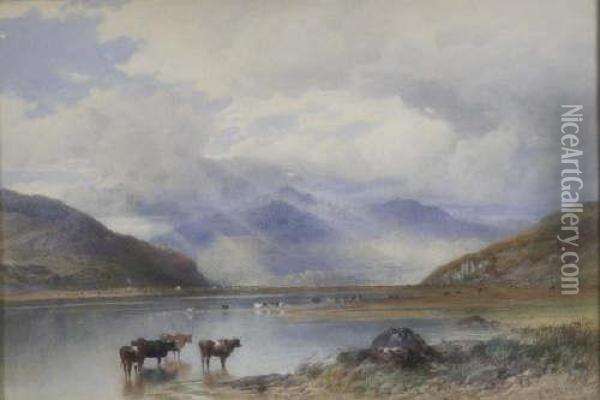 Extensive Landscape With Cattle Beside A Loch Signed And Dated 1867 13.5 X 20in Oil Painting - Edward Duncan
