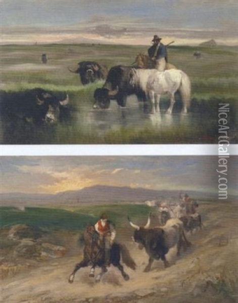 Buffaloes Drinking In The Roman Campagna At Sunset Oil Painting - Giuseppe Raggio