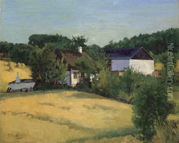 Sonnige Landschaft Mit Hausern Oil Painting - Walter Leistikow