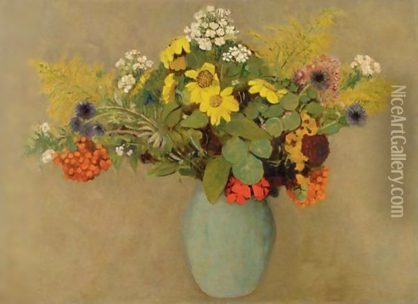 Fleurs Dans Un Vase Vert Oil Painting - Odilon Redon