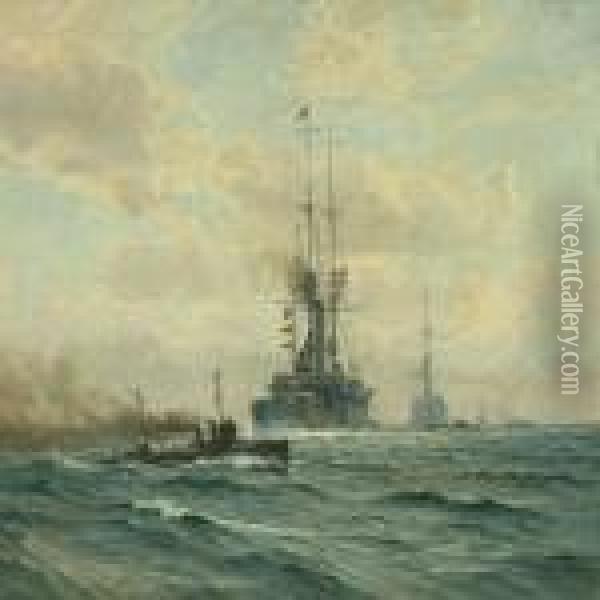 Seascape With Warships Oil Painting - Vilhelm Karl Ferd. Arnesen
