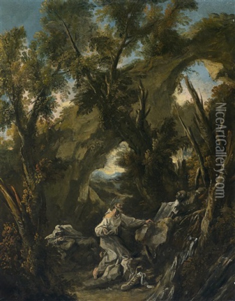 Zwei Monche Beten In Einer Landschaft (collab. W/assistants) Oil Painting - Alessandro Magnasco