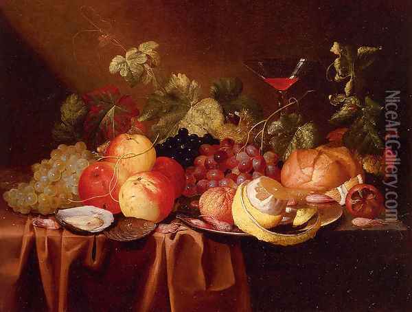Still Life Of Peaches, Grapes, A Peeled Lemon, An Oyster, a Bread Roll And A Glass Of Wine, All On A Draped Table Oil Painting - Jan Pauwel Gillemans The Elder