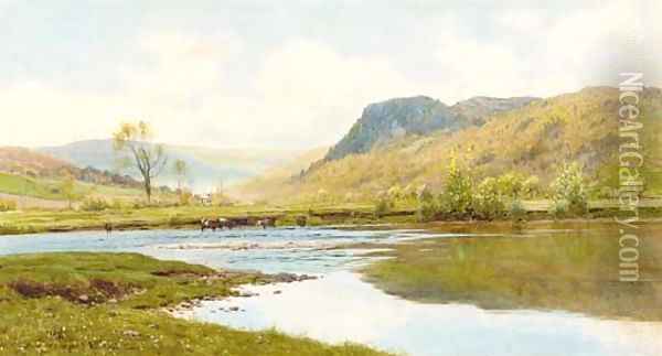 Cattle watering in a Highland landscape Oil Painting - Reginald Aspinwall