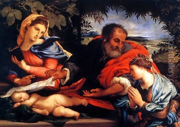 The Holy Family and St Catherine Oil Painting - Lorenzo Lotto