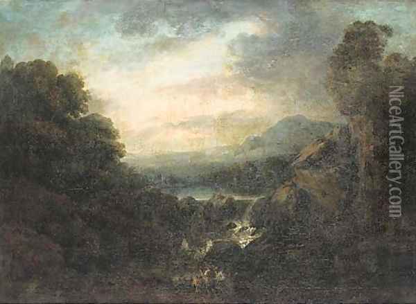 An extensive mountainous landscape with anglers by a waterfall Oil Painting - Jacob Van Ruisdael