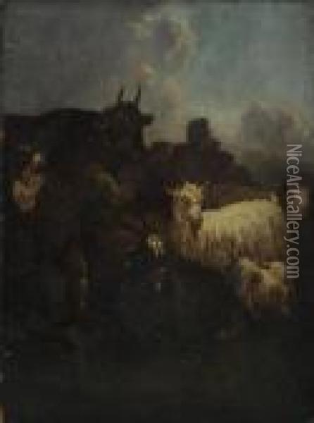 Farmer With Goats, Cattle And Dog Oil Painting - Philipp Peter Roos