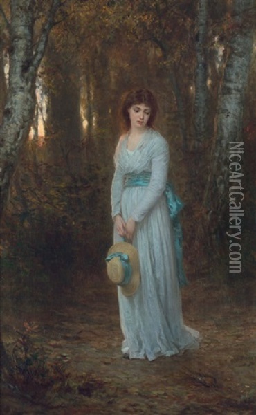 Meditation: Junge Frau Im Weisen Sommerkleid In Einem Birkenwaldchen Oil Painting - Wilhelm August Lebrecht Amberg