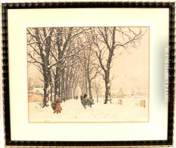 Snowy Landscape With Figures Oil Painting - Tavik Frantisek Simon