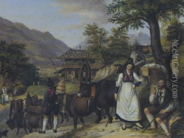 Alpabgang Im Tirol Oil Painting - Johann Mader