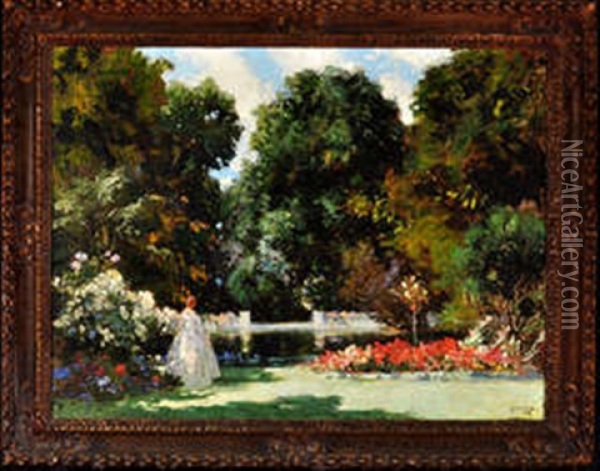 A Garden Scene With A Woman In A White Dress Oil Painting - Thomas Edwin Mostyn