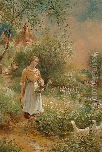 Feeding The Ducks (#) Picking The Berries Oil Painting - Henry John Yeend King