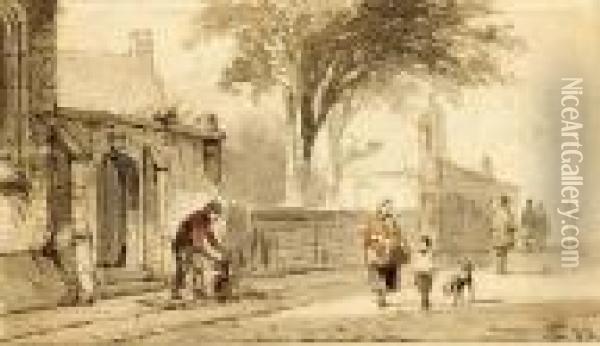 Figures In The Streets Of A Dutch Town Oil Painting - Cornelis Springer