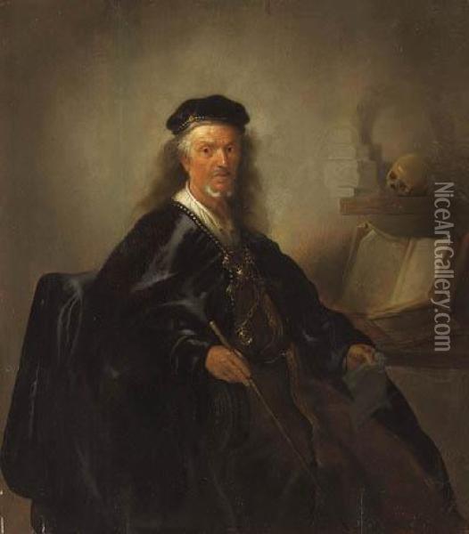Portrait Of A Mathematician, Seated Three-quarter-length, In Ablack Cloak, Holding A Stick And A Piece Of Paper, A Book Ofgeometry Beside Him Oil Painting - Paulus Lesire