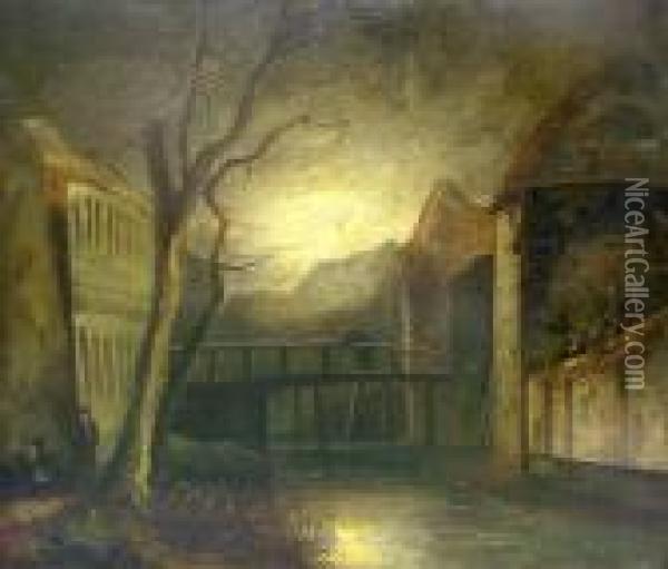 Town River Scene Illuminated By Moonlight Oil Painting - John Crome