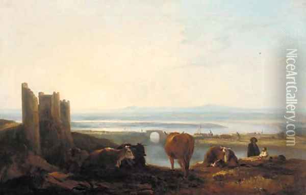 Figures and cattle resting before a river estuary at sunset Oil Painting - Thomas Barker of Bath