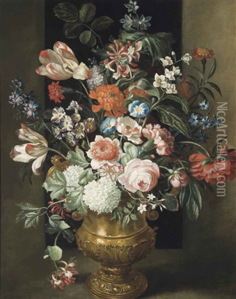 Roses, Parrot Tulips And Other Flowers In A Sculpted Urn On A Ledge Oil Painting - Simon Pietersz Verelst