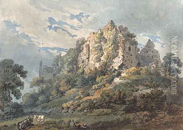 Okehampton Castle, Devon, with cattle and a herdsman in the foreground Oil Painting - Thomas Girtin