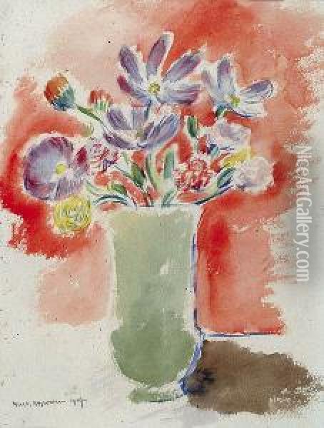 Kwiaty W Zielonym Wazonie Oil Painting - Waclaw Wasowicz
