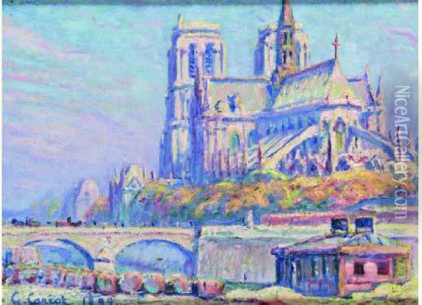 Paris, Notre-dame, Vue Du Port Aux Vins, Vers 9 H 1 / 2, Automne 1899 Oil Painting - Gustave Cariot
