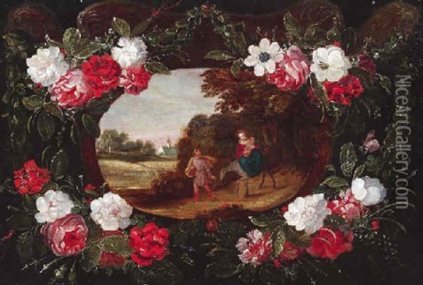 Blumengirlande Mit Der Flucht Nach Agypten Im Medaillon Oil Painting - Jan van Kessel the Elder