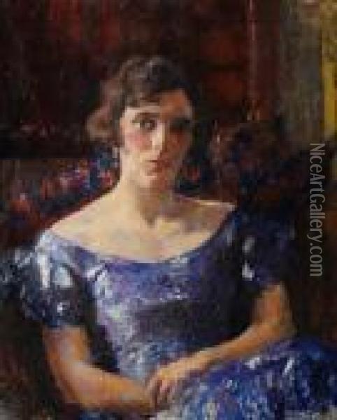 Portrait Of A Seated Lady In A Blue Dress Oil Painting - James Bolivar Manson