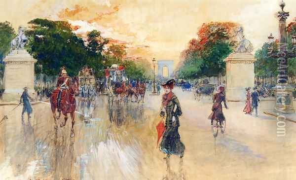 Busy Traffic On The Champs Elysees, Paris Oil Painting - Georges Stein