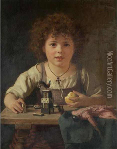 Young Girl Playing With Dominos Oil Painting - Friedrich Kraus