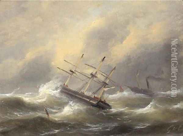 Sailing ships in stormy weather Oil Painting - Govert Van Emmerik