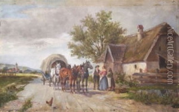 Pferdefuhrwerk Vor Dem Bauernhaus Oil Painting - Ludwig Mueller-Cornelius