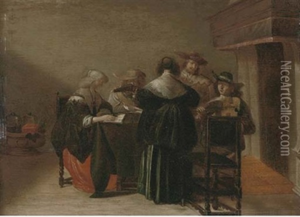 Elegant Company Making Music In An Interior Oil Painting - Pieter Jacobs Codde